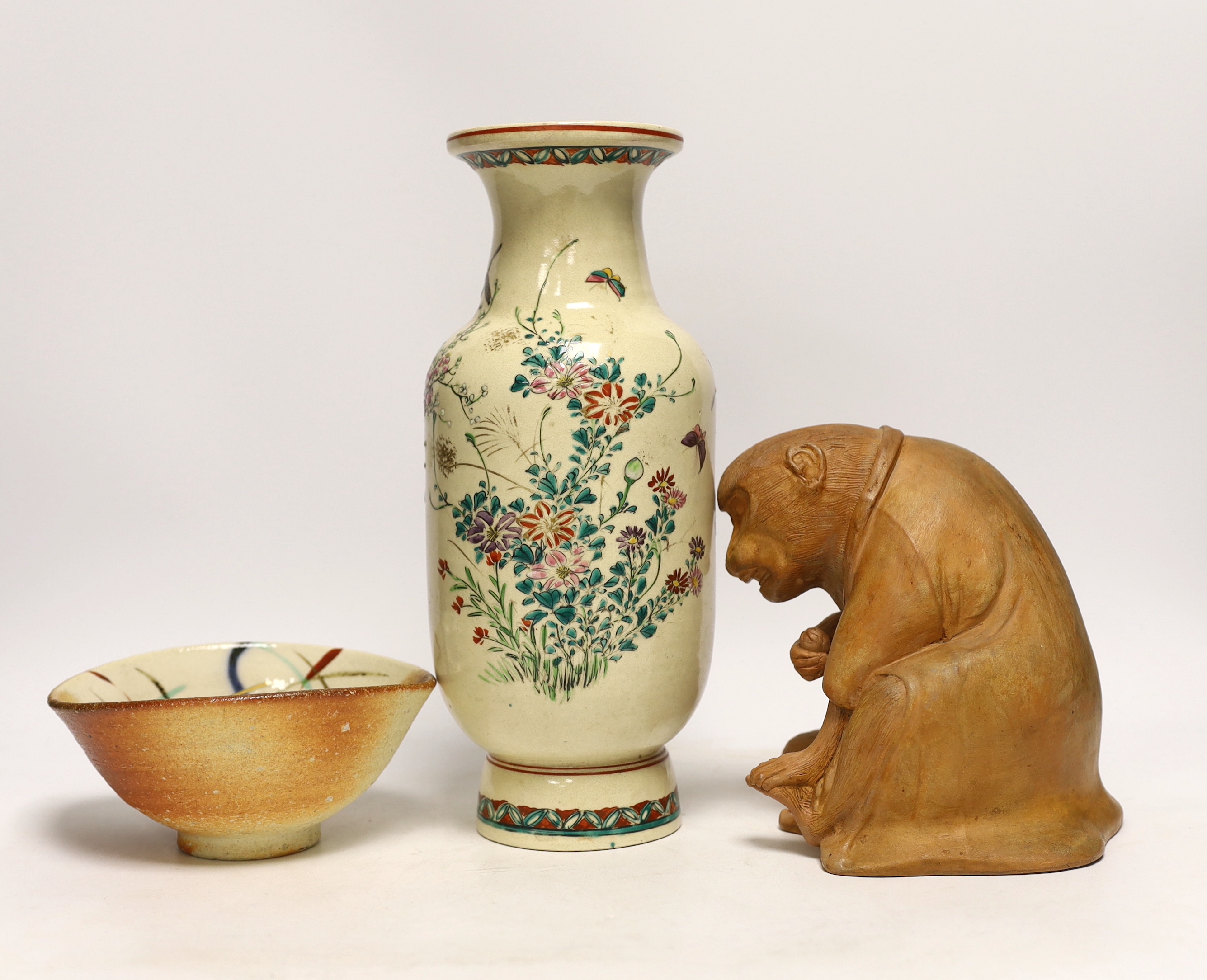 Japanese ceramics comprising vase, bowl and figure of a seated monkey, 28cm high